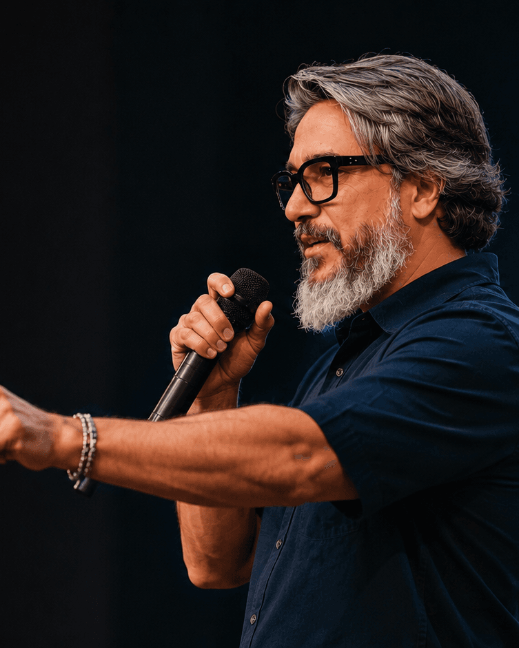 Ed Rocha falando com convicção no palco
